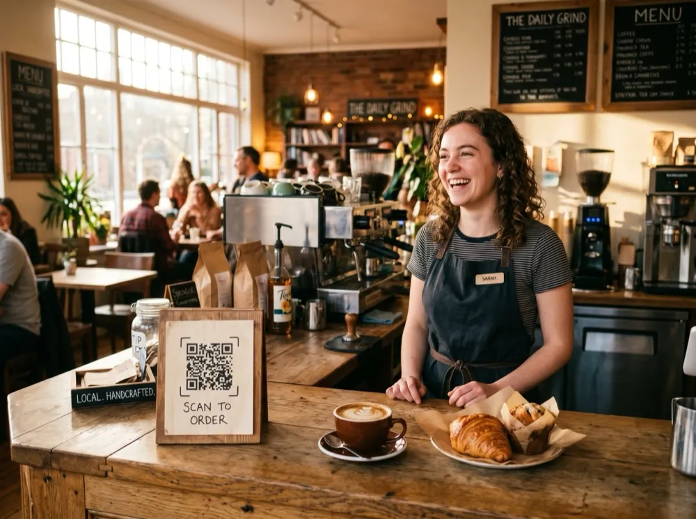 A smiling café barista at the counter beside a scan-to-review table tent