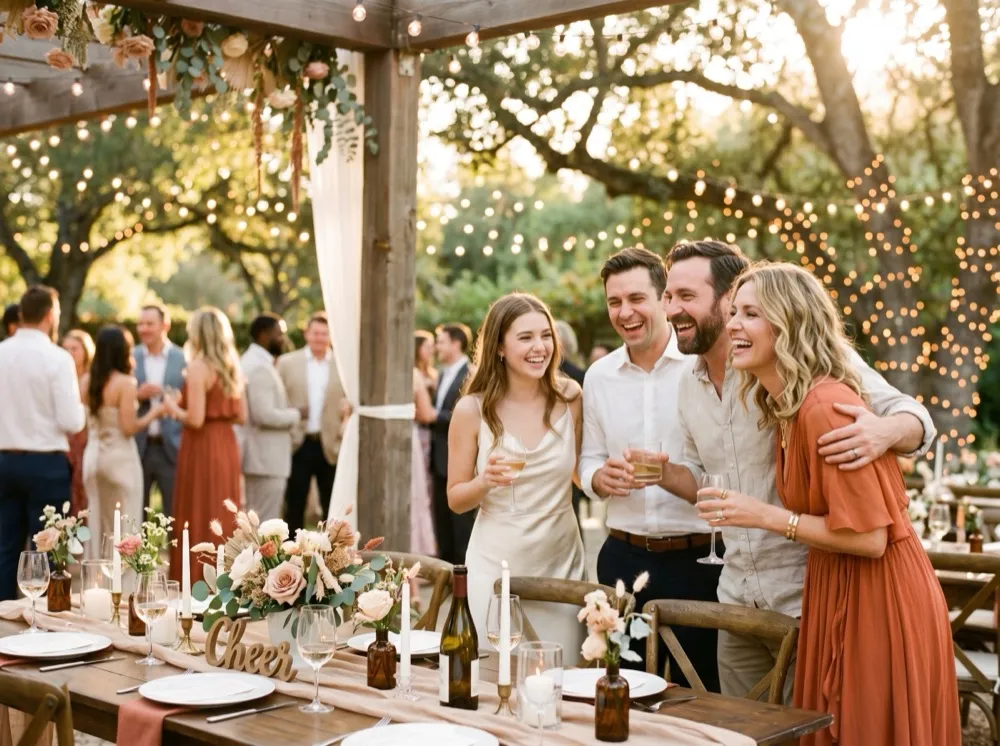 Friends laughing together at a warm outdoor wedding reception at golden hour
