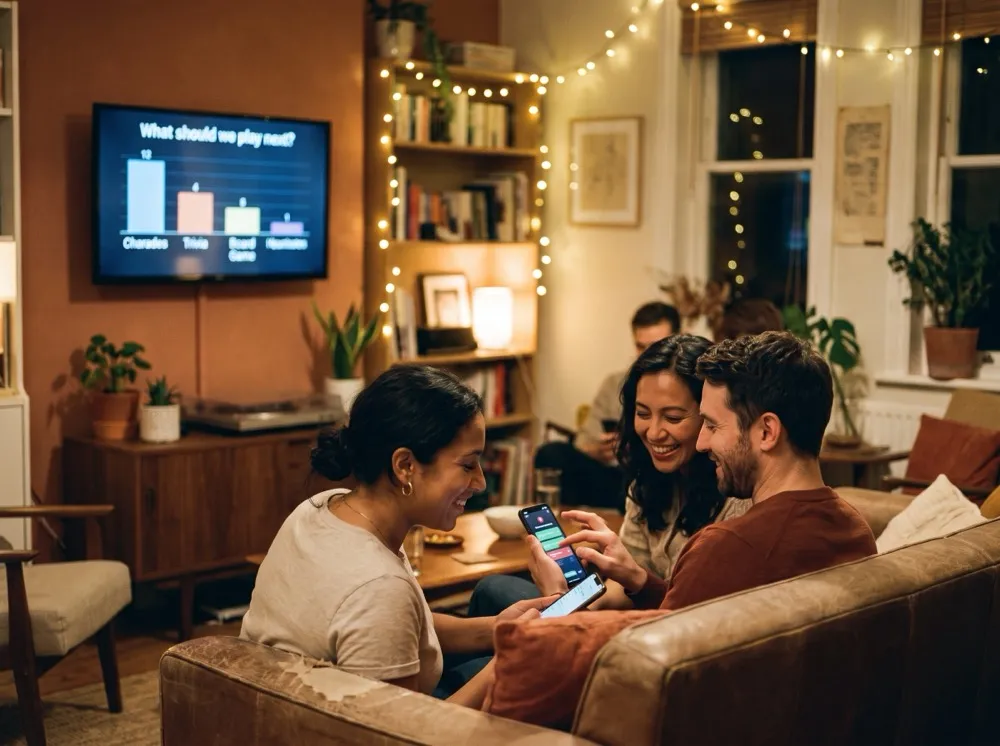 Friends laughing together on a couch, voting on their phones as a live poll tally fills in on the TV behind them