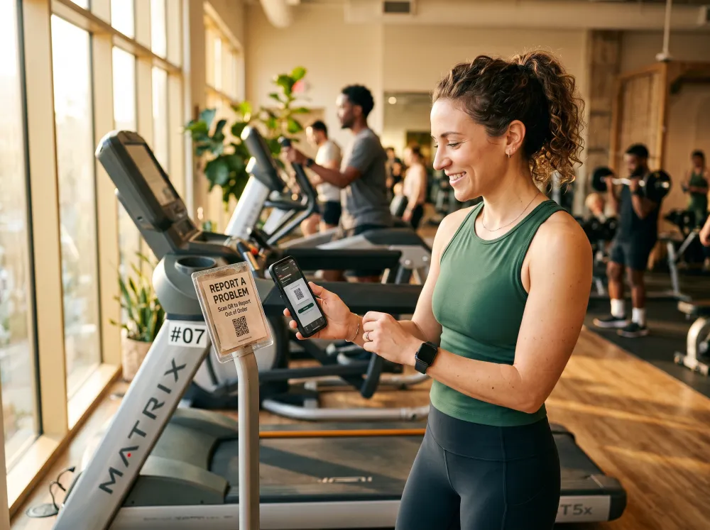 A smiling gym member scanning a “report a problem” QR code on a treadmill with their phone