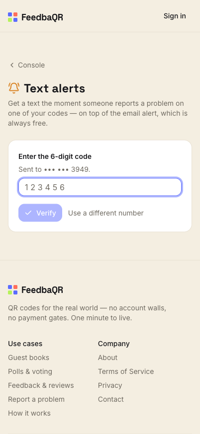 Entering the 6-digit verification code sent by SMS to confirm the number